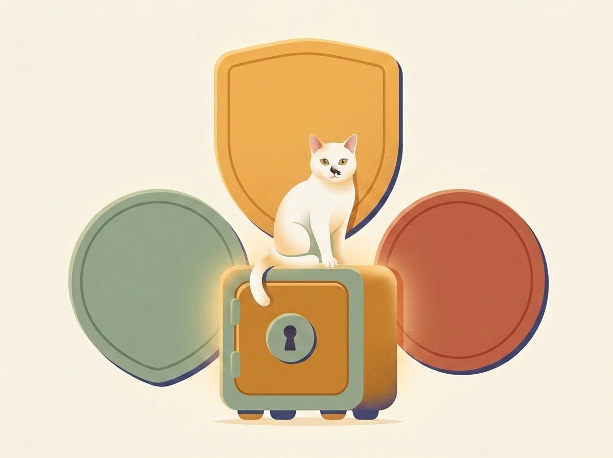 金庫の上に座る猫と、背後に並ぶ緑・黄・赤3色のバッジ形状のイラスト。ロールごとの権限管理を表している