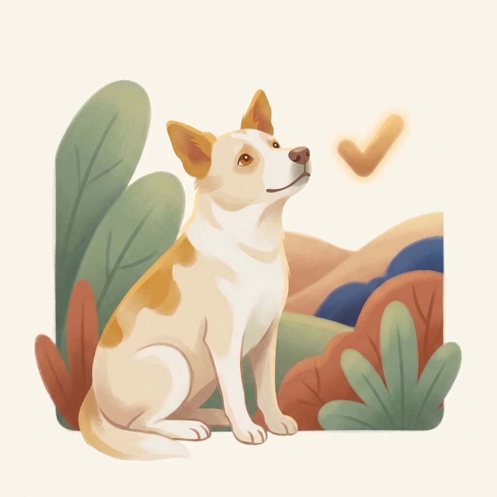 茂みを背景に座る犬のクローズアップイラスト。頭上にチェックマークが浮かび、動物情報の登録完了を表している