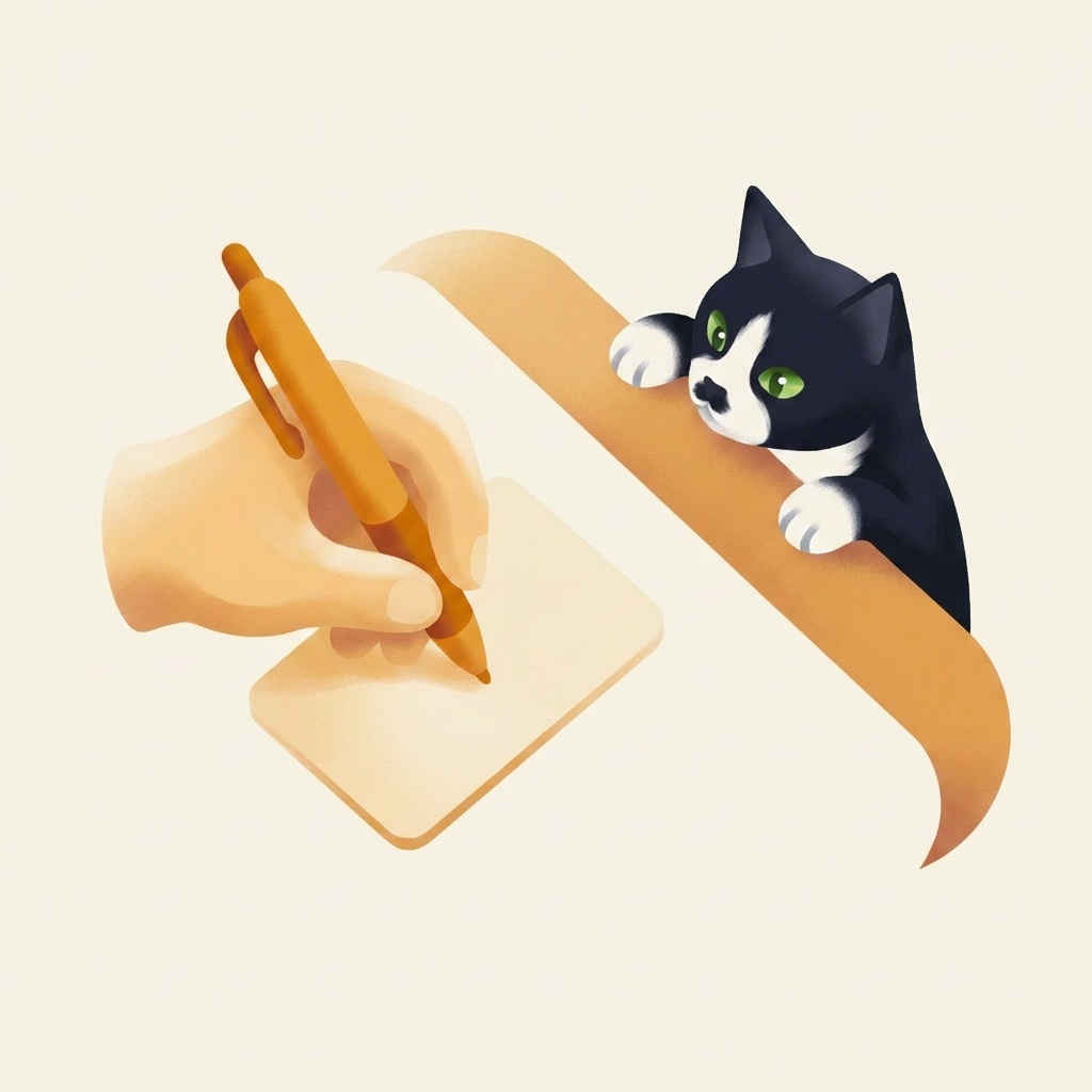 手元でレシートらしき用紙に書き込む様子を、隣から覗き込む猫のイラスト。医療費の記録作業を表している